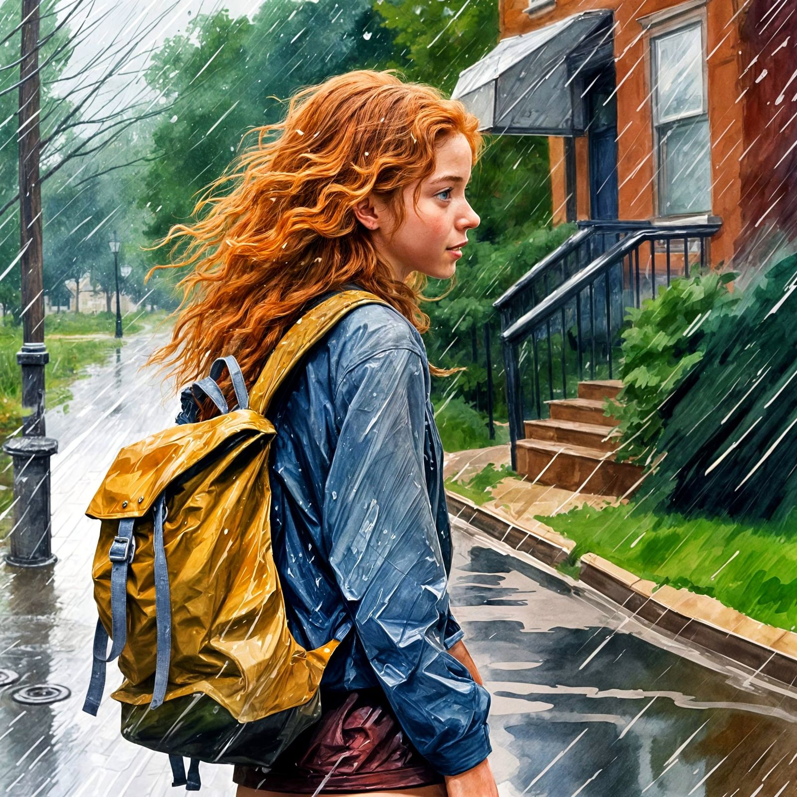Rain Soaked Teen in Gouache Watercolor Style