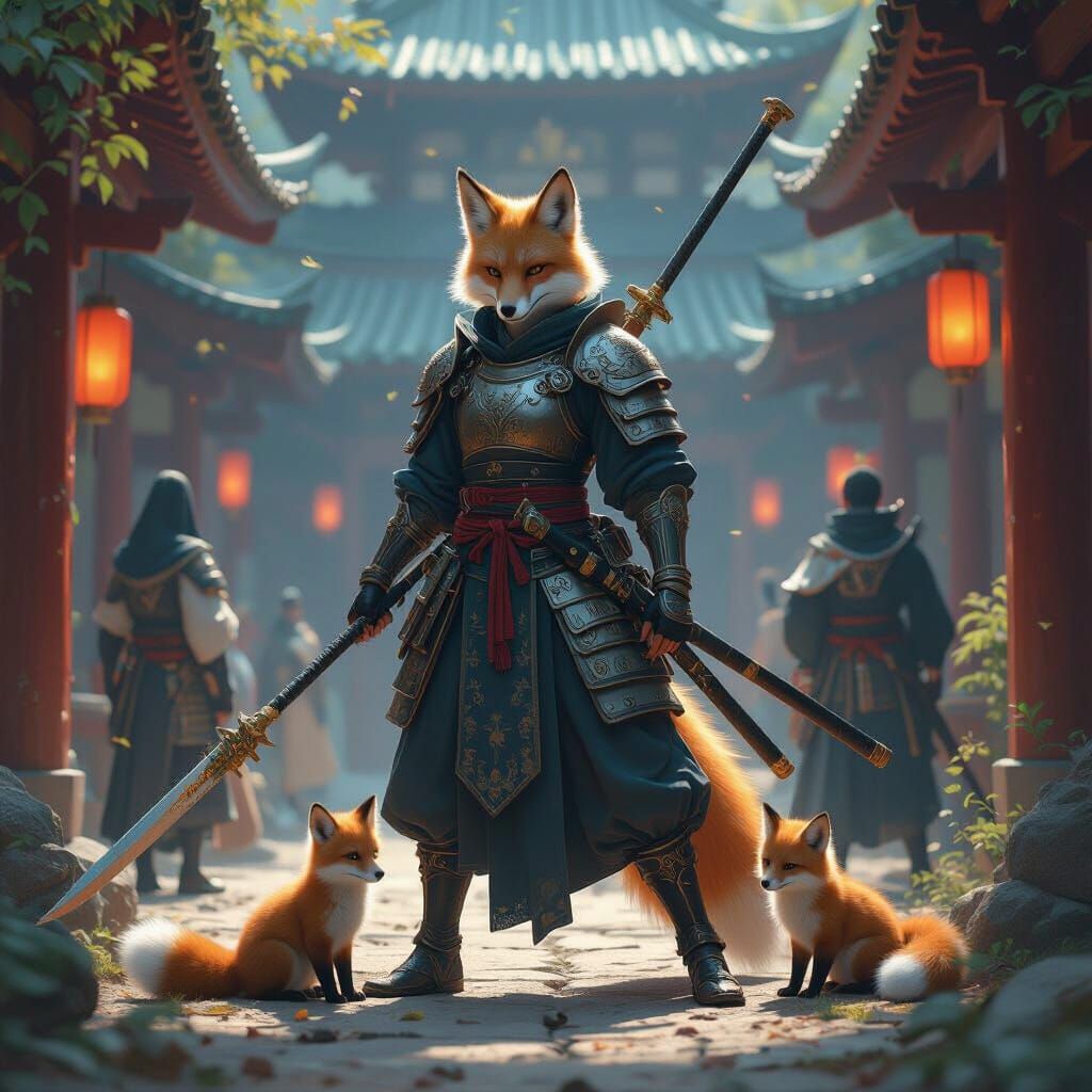 Kitsune Warrior Defends Fox Cubs and Priests in Temple