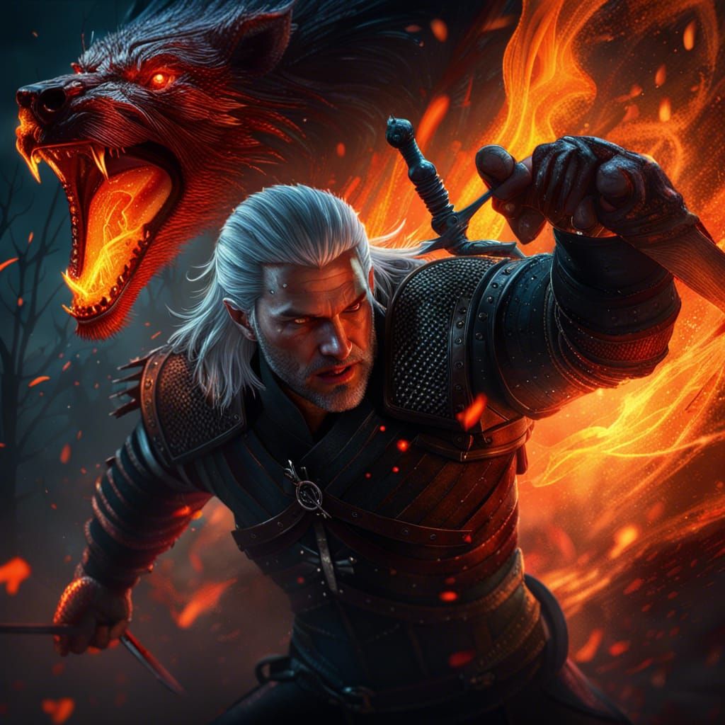The Witcher Slaying a Beast in Hyperrealistic Style