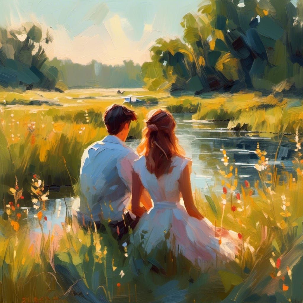 Romantic Meadow Scene in Impressionistic Style