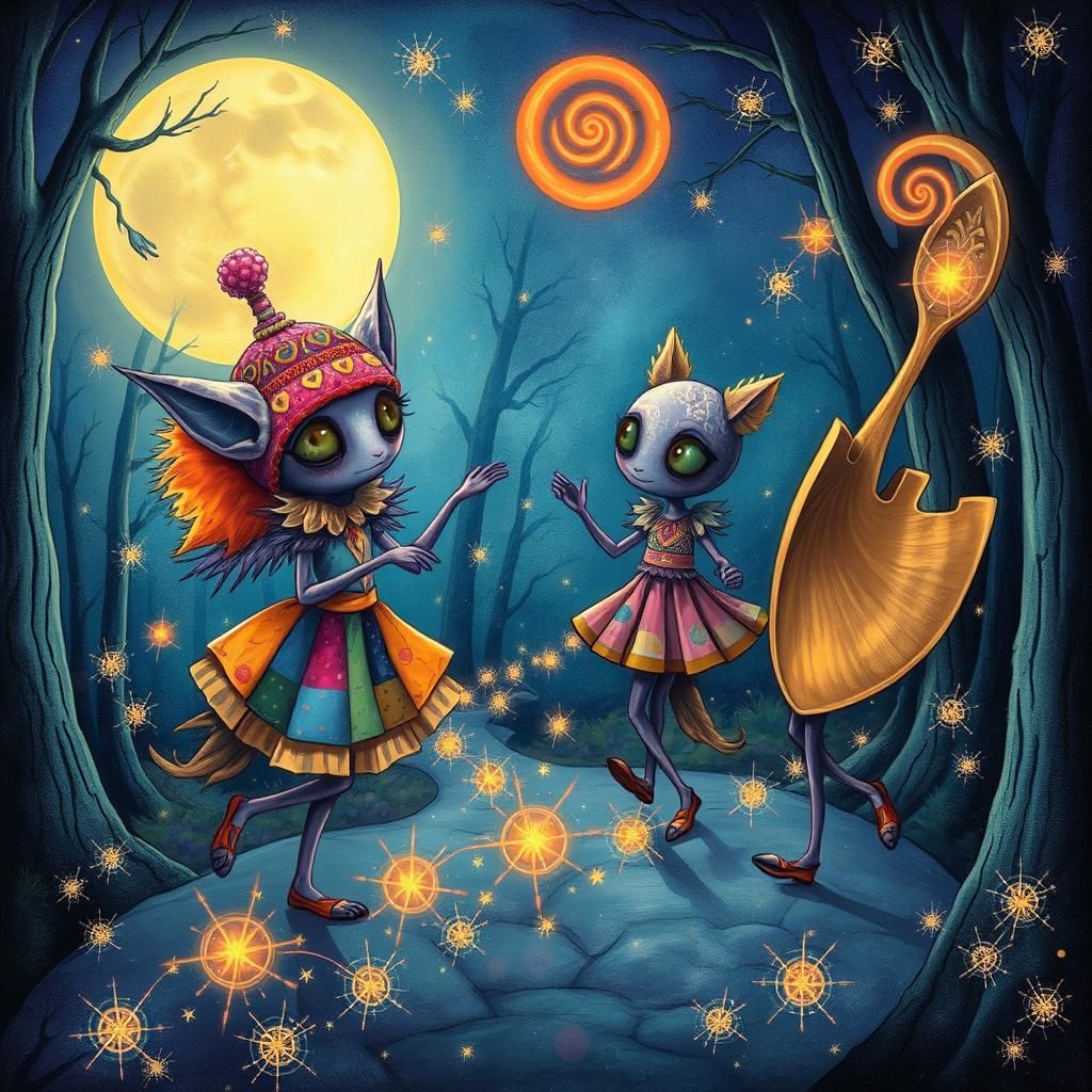 Whimsical Creatures Dance in Mystical Forest