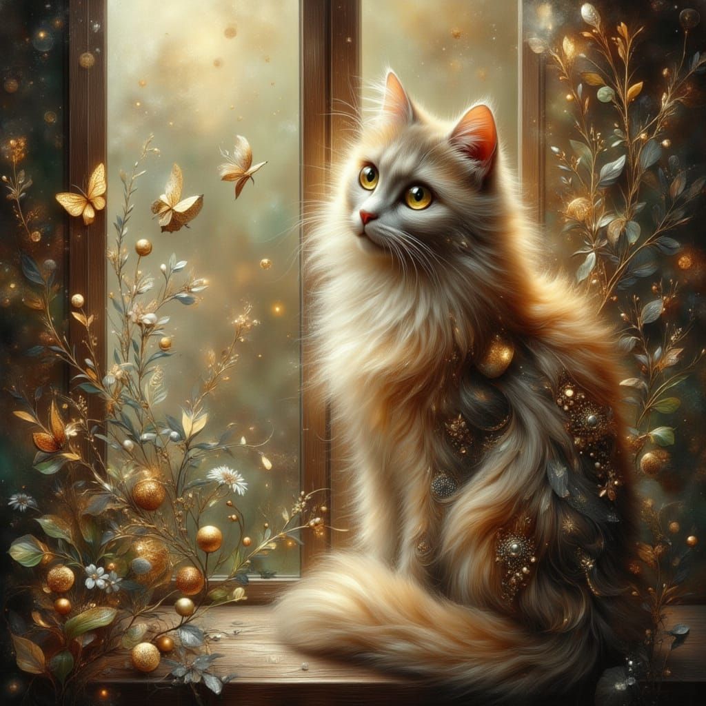 Beautiful Cat Watching Birds in Abstract Romanticism Style