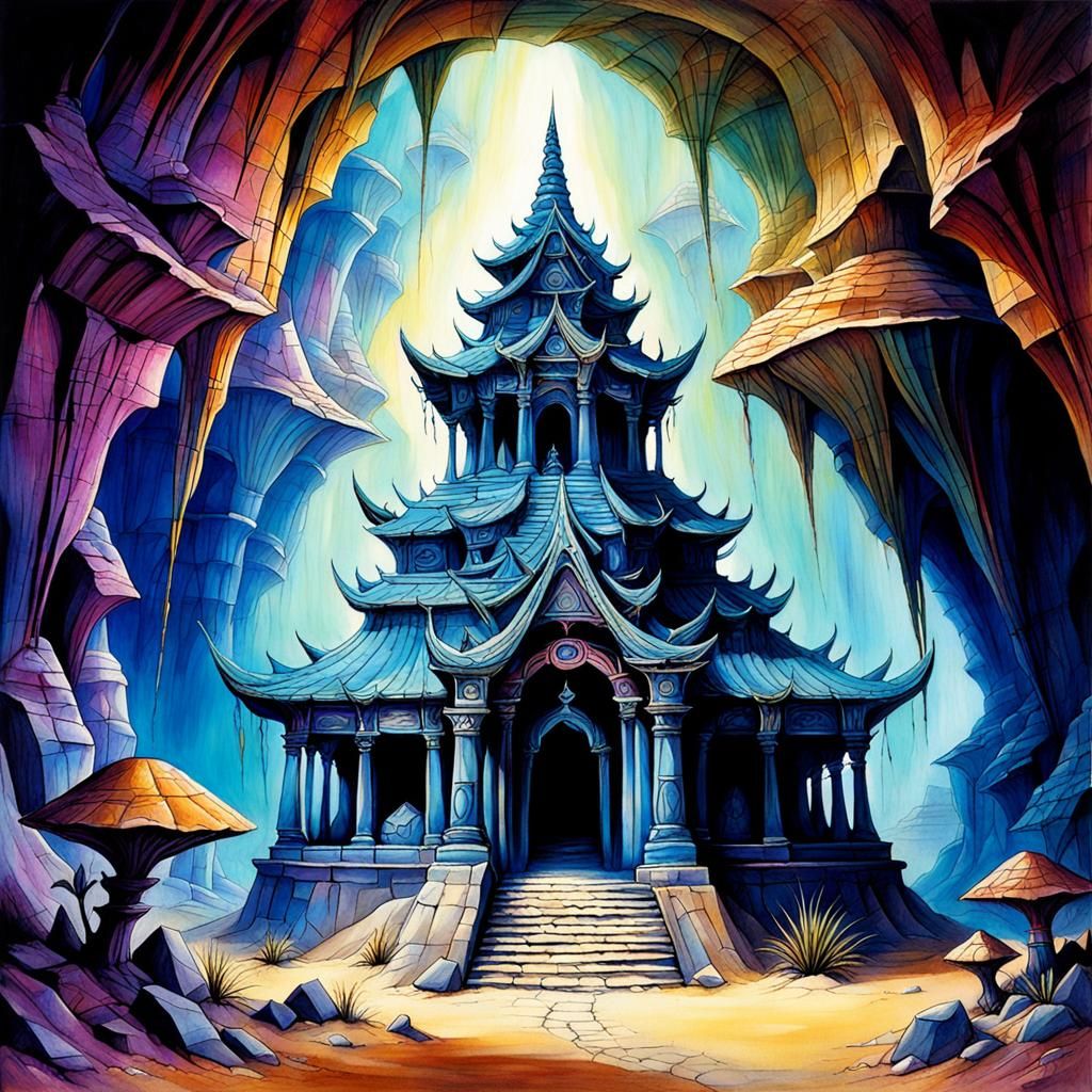 Ancient Desert Temple in Lisa Frank and Froud Style
