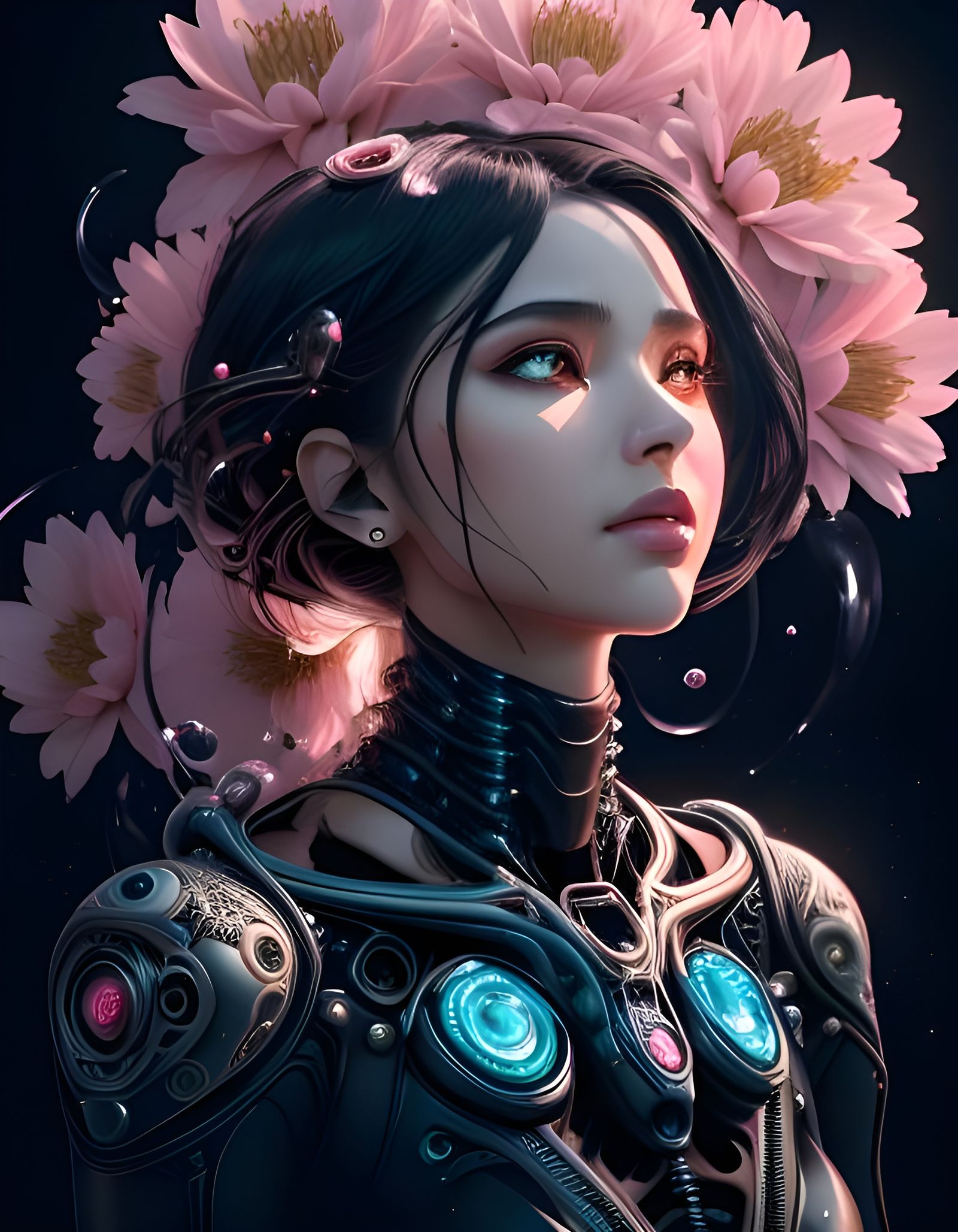 Biomechanical Woman with Flowers in Cyberpunk Style