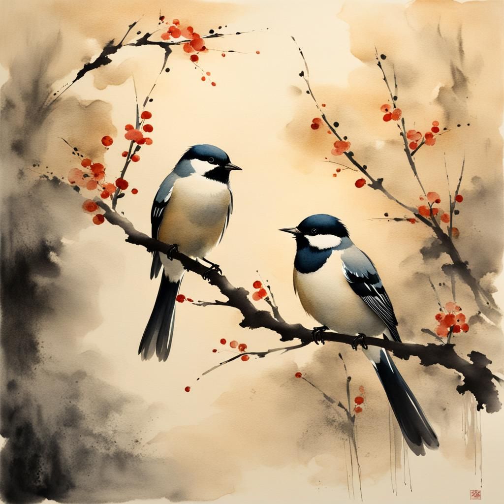 Birds on Branches in Chinese Ink Painting Style