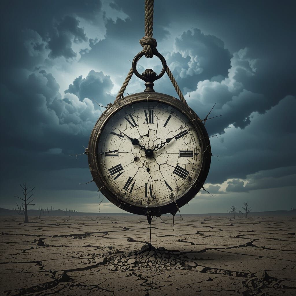 Clock Crumbling to Dust in Barren Wasteland