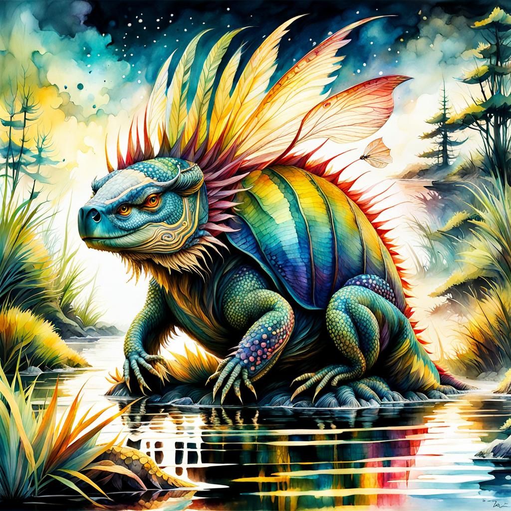 Fantasy Creature in Summer Landscape: Watercolor Art