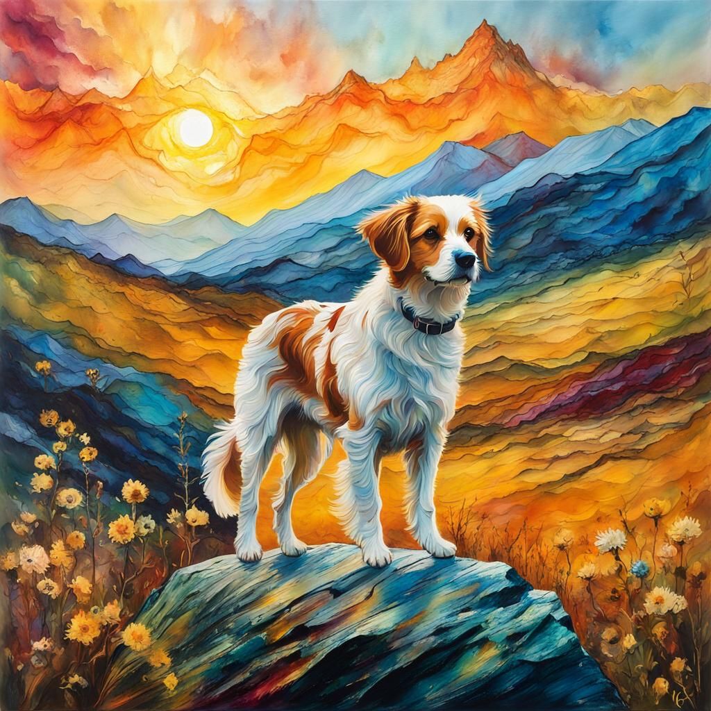 Cute Dog in Encaustic Mountain Landscape