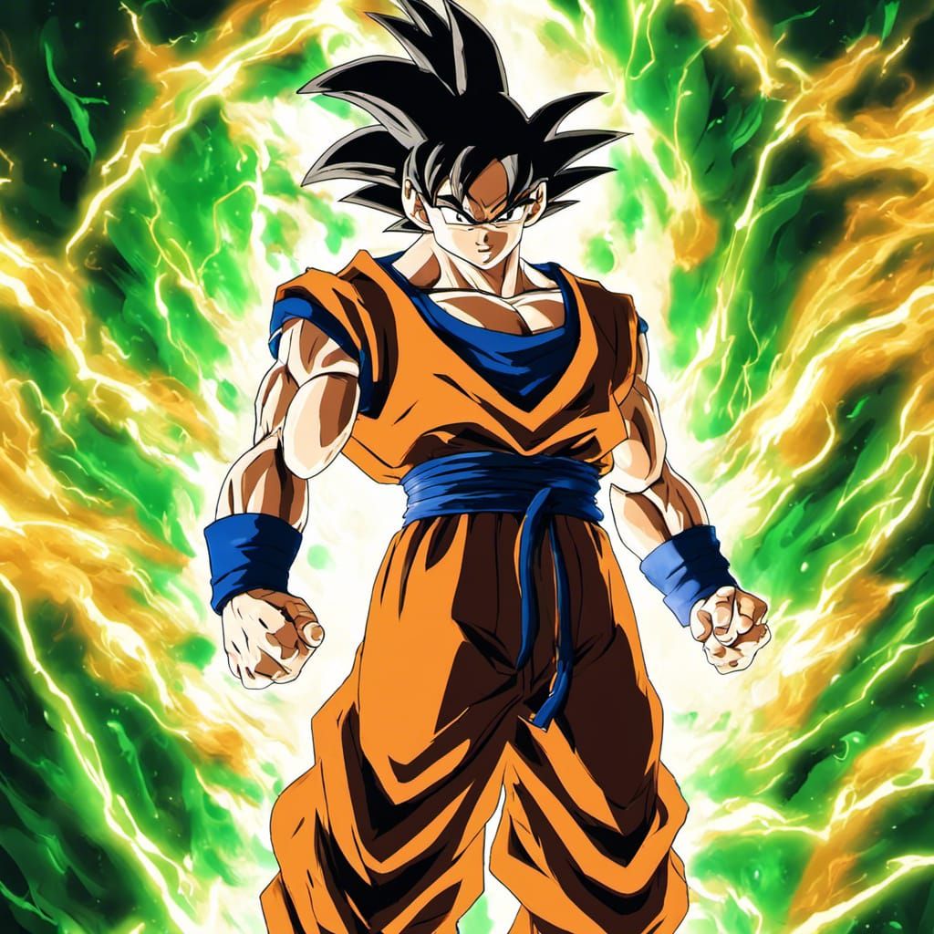 Goku Powering Up with Green Flames in Anime Style