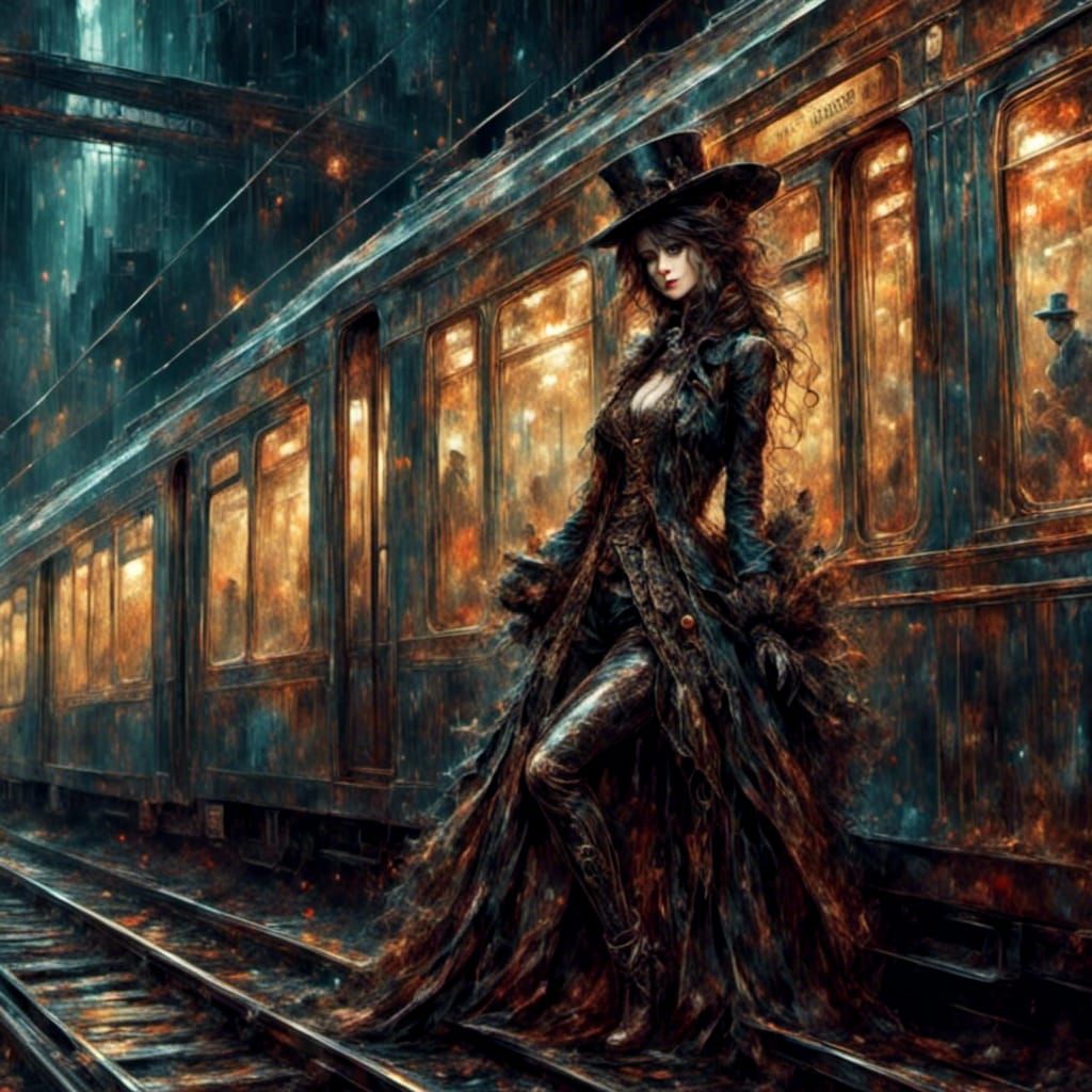 Steampunk Rogue Crawling Under Train at Night