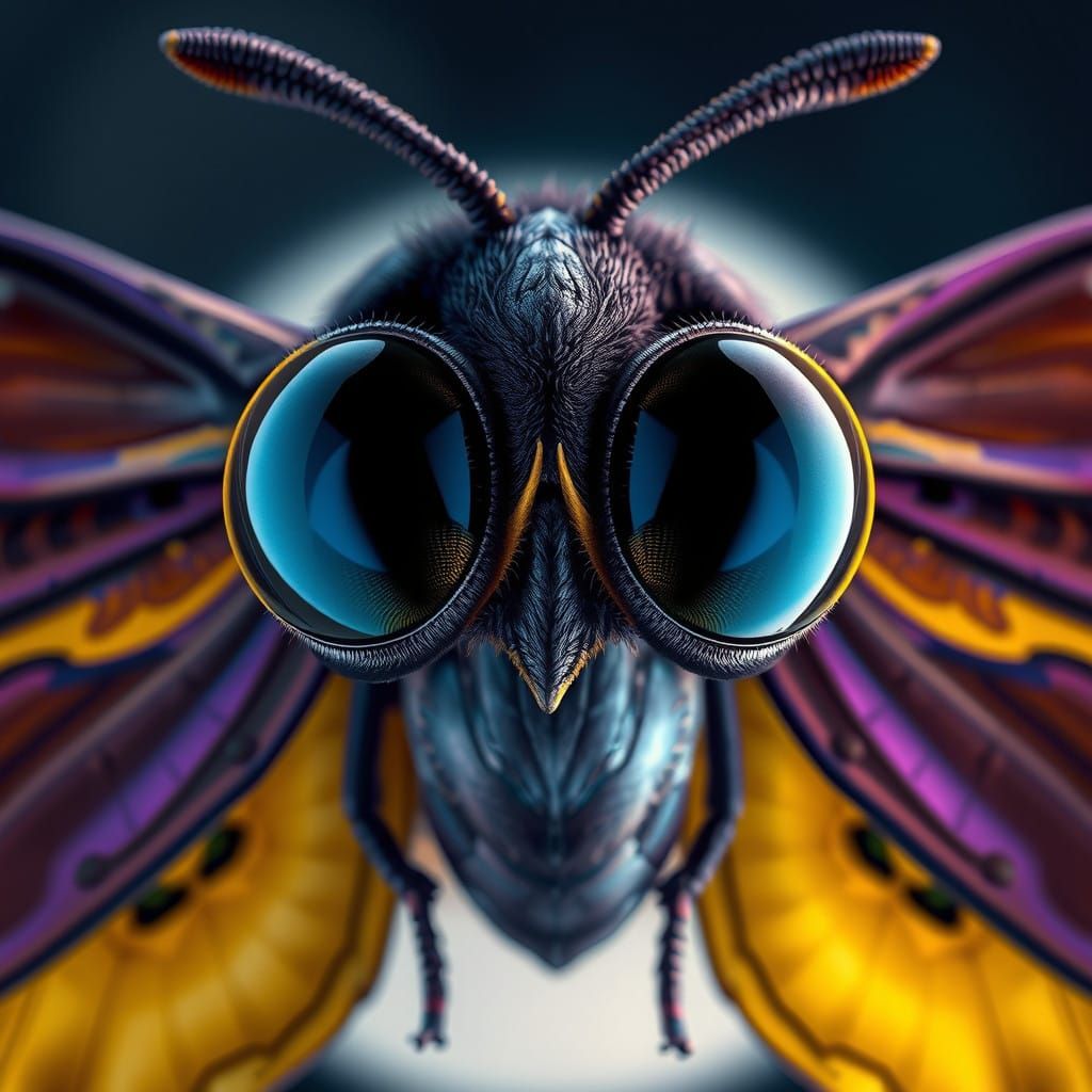 Dreamy Iridescent Moth in Dark Purple and Yellow Hues
