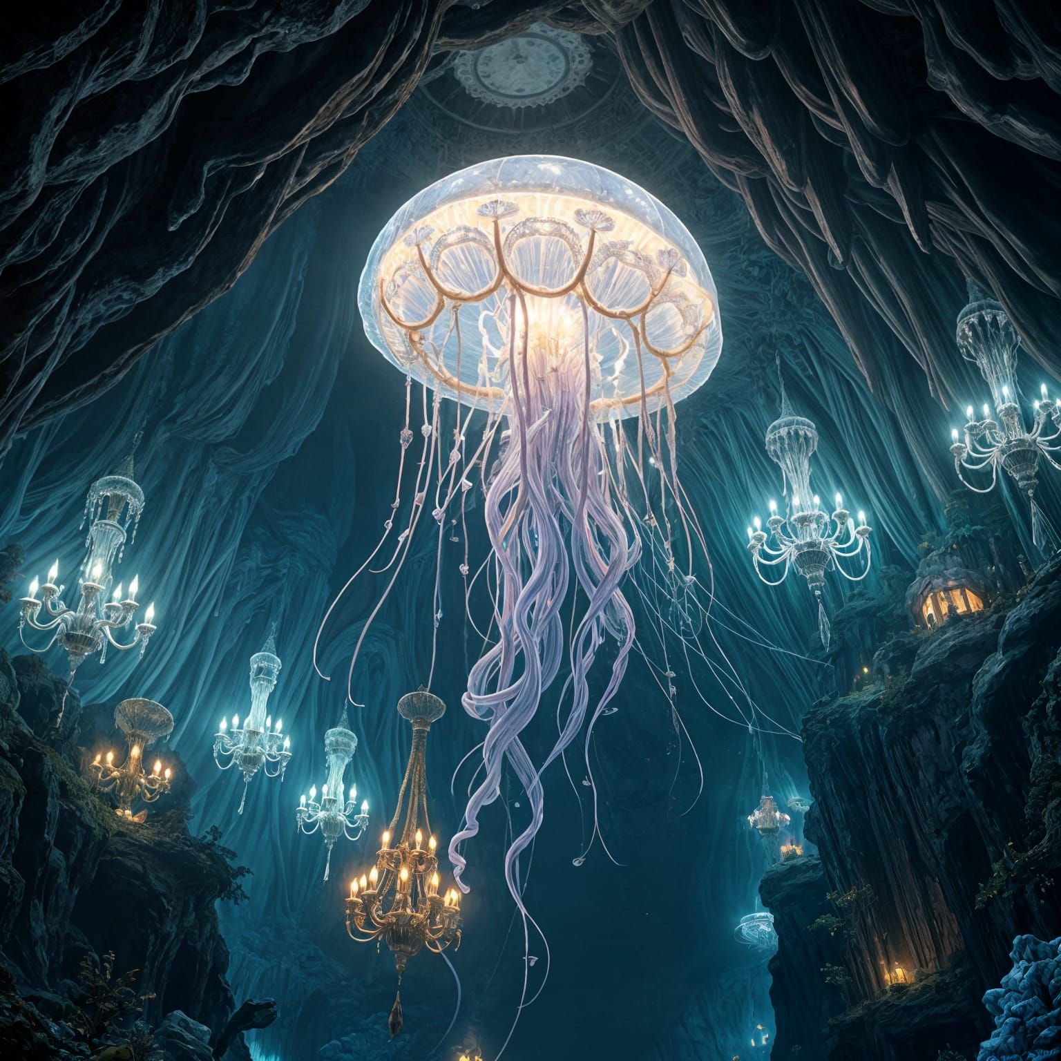 Bioluminescent Zeppelin Jellyfish in Subterranean Cavern