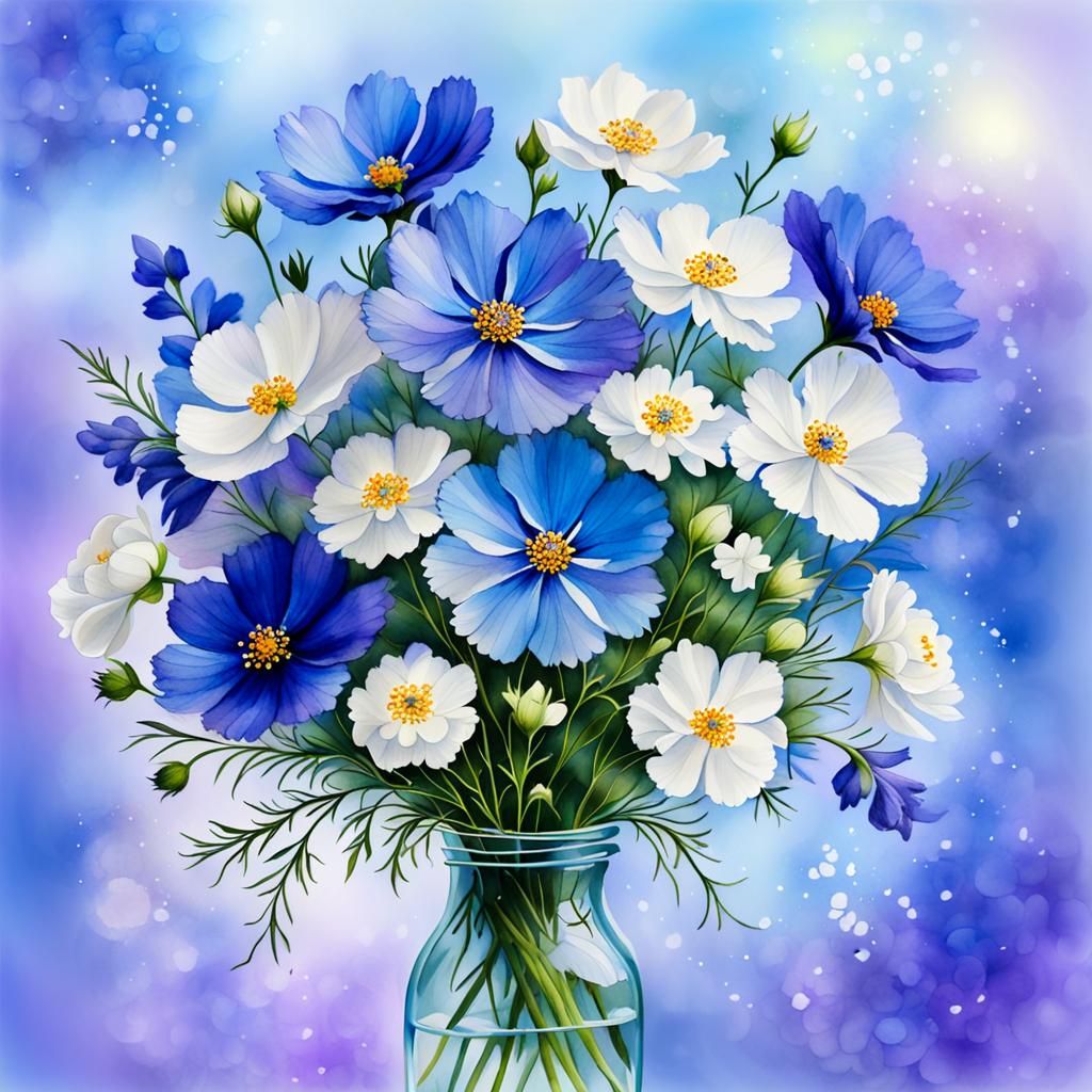 Watercolor Bouquet of Blue and White Flowers