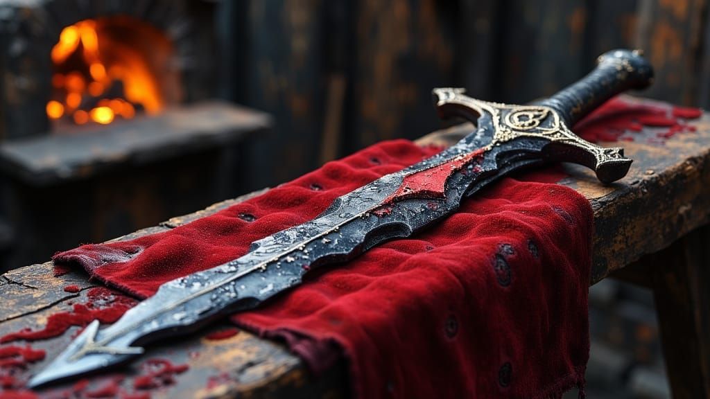 Ornate Obsidian Sword Infused With Crimson Energy