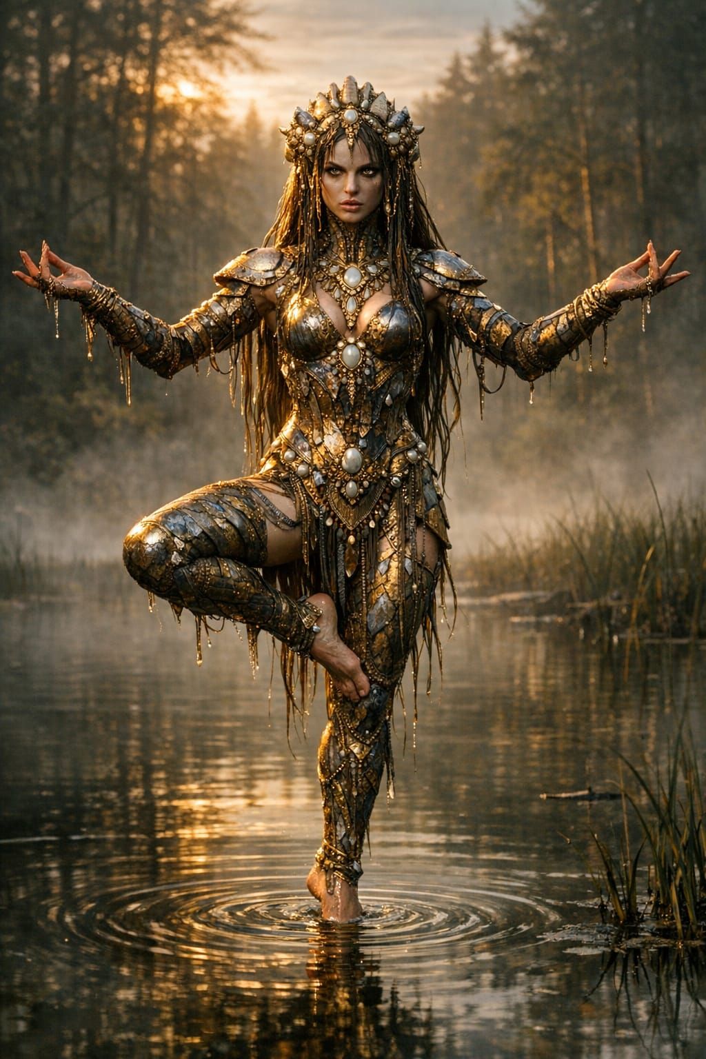 Mythic Siren in Yoga Pose on Forest Lake