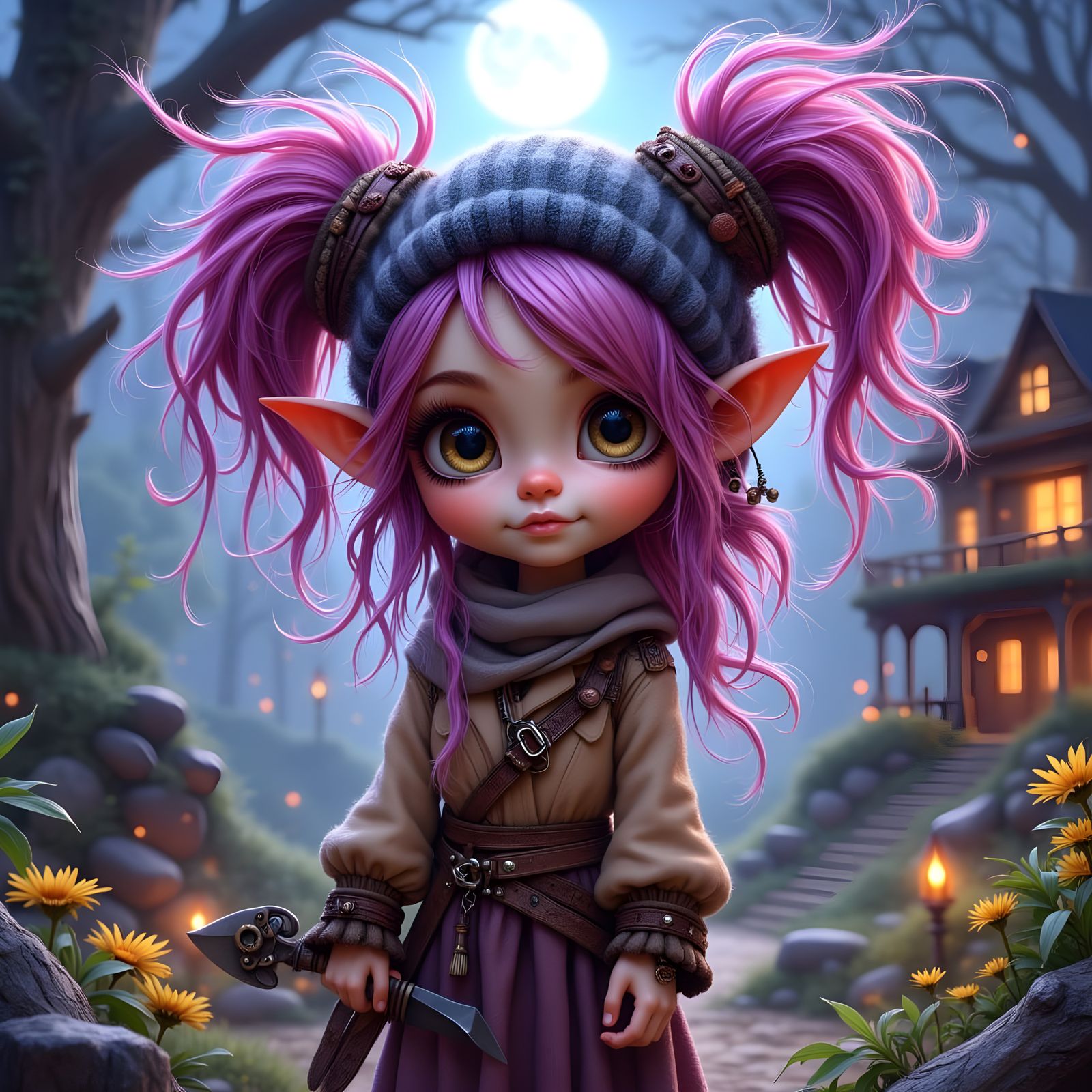 Whimsical Rogue Gnome in Moonlit Forest