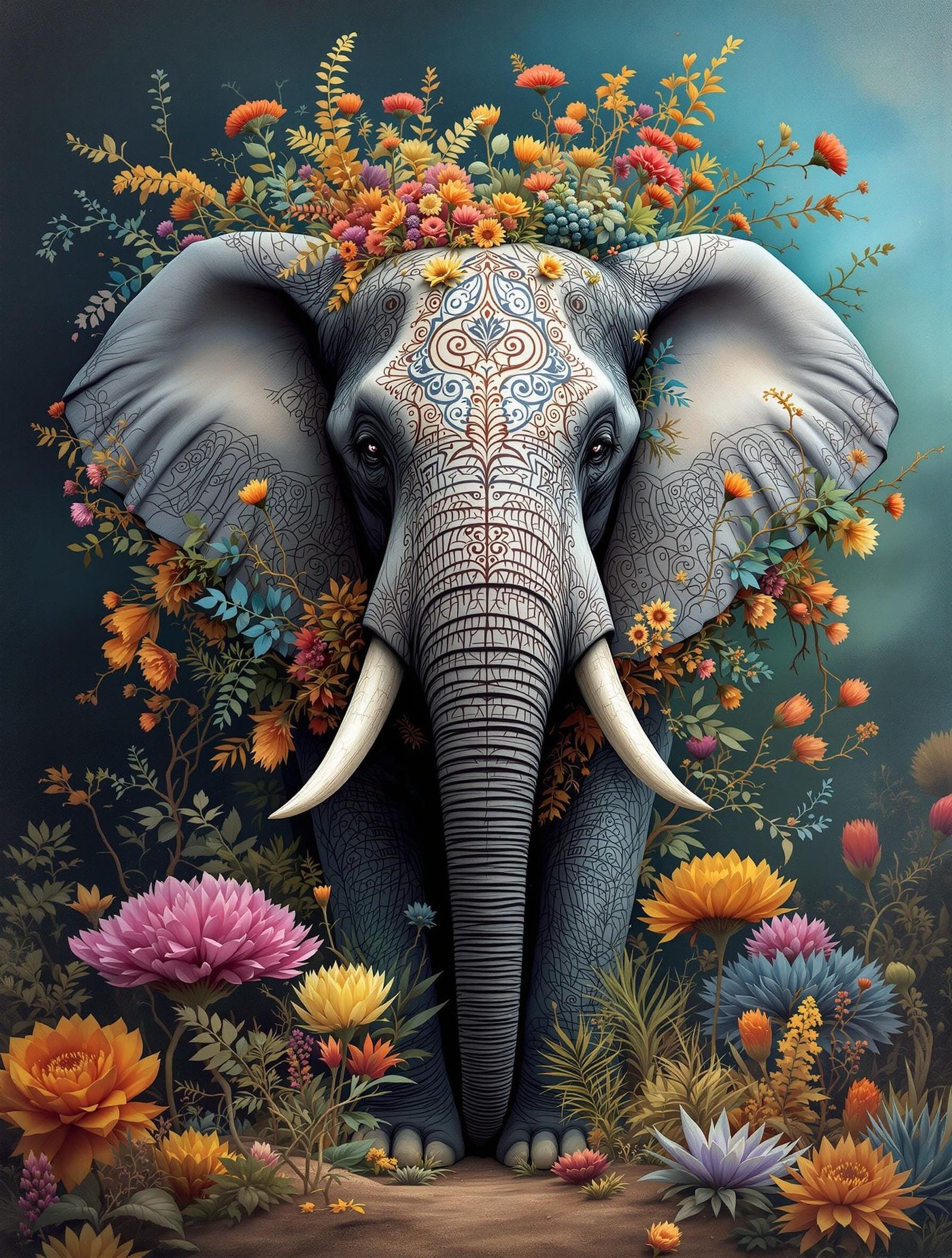 Henna Elephant with Australian Flora, Digital Matte Painting