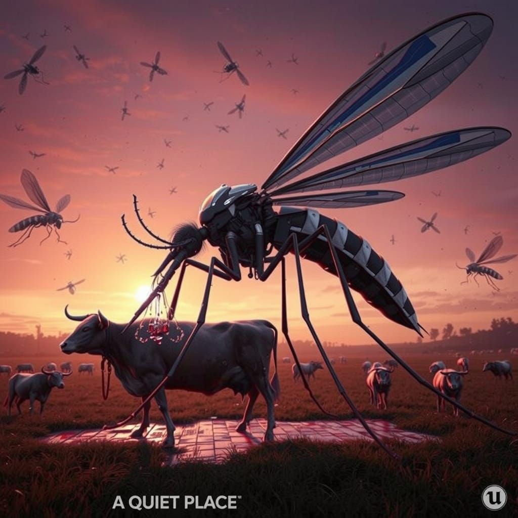 Giant Cyborg Mosquito Draining Cow in Eerie Sunset