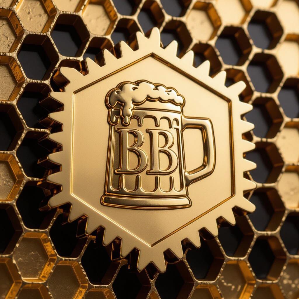 Golden Honeycomb with Beer Mugs and Gears Features BB Monogr...
