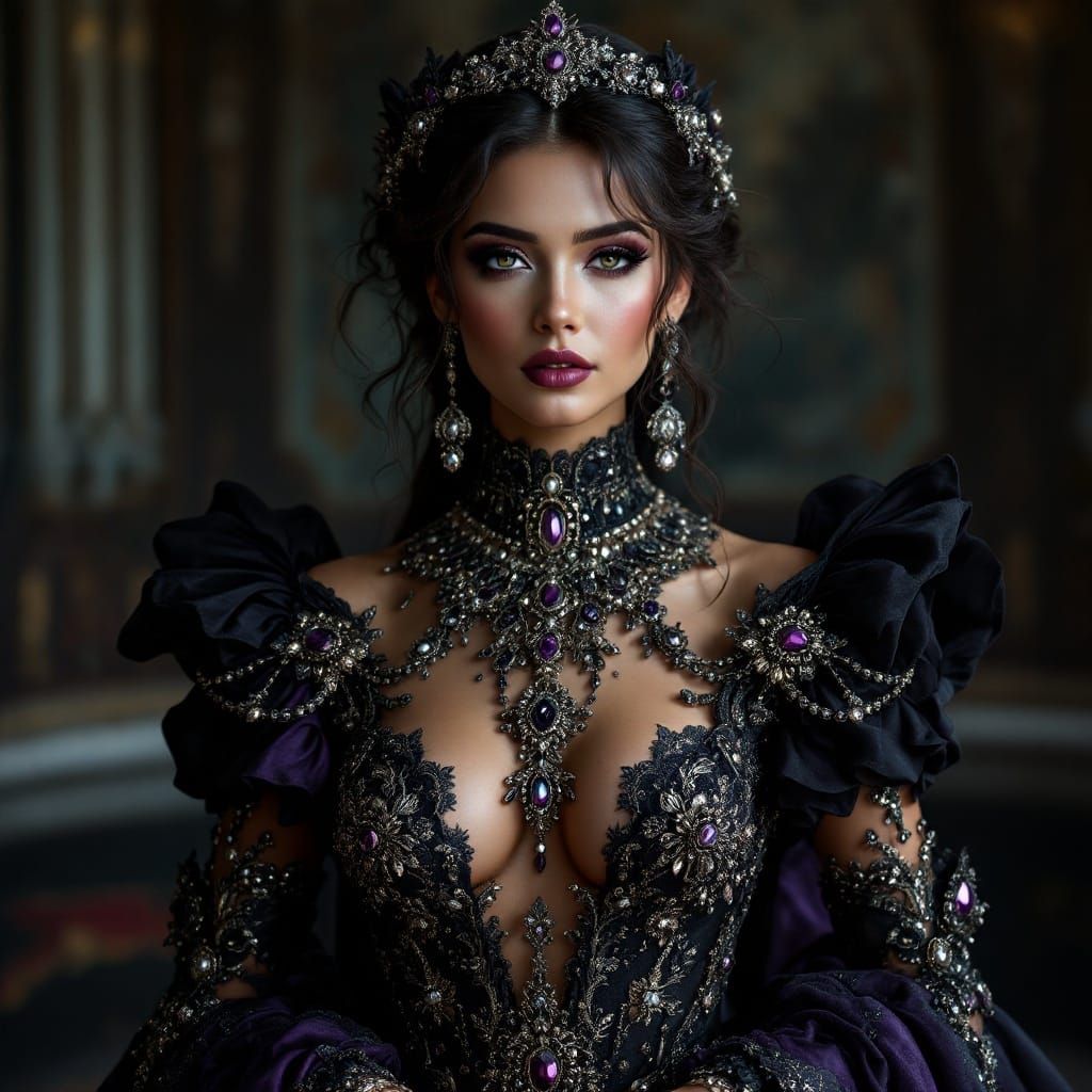 Regal Woman Adorned with Lavish Jewels in Elegant Gown