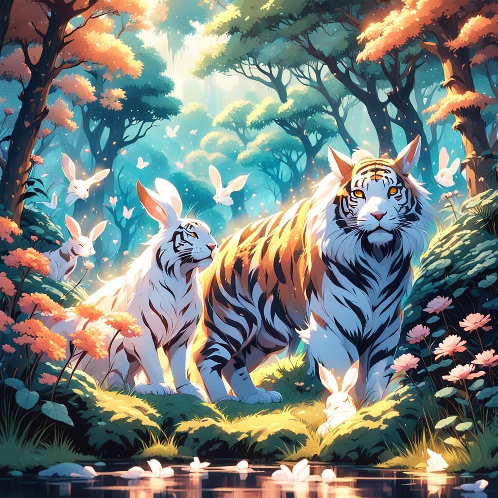 Mystical Forest: Rabbits and Tiger in 3D Anime Art