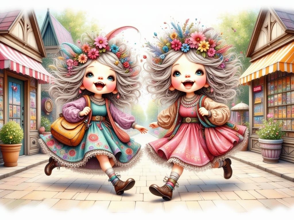 Whimsical Watercolor Scene of Two Elderly Women Racing to Sh...