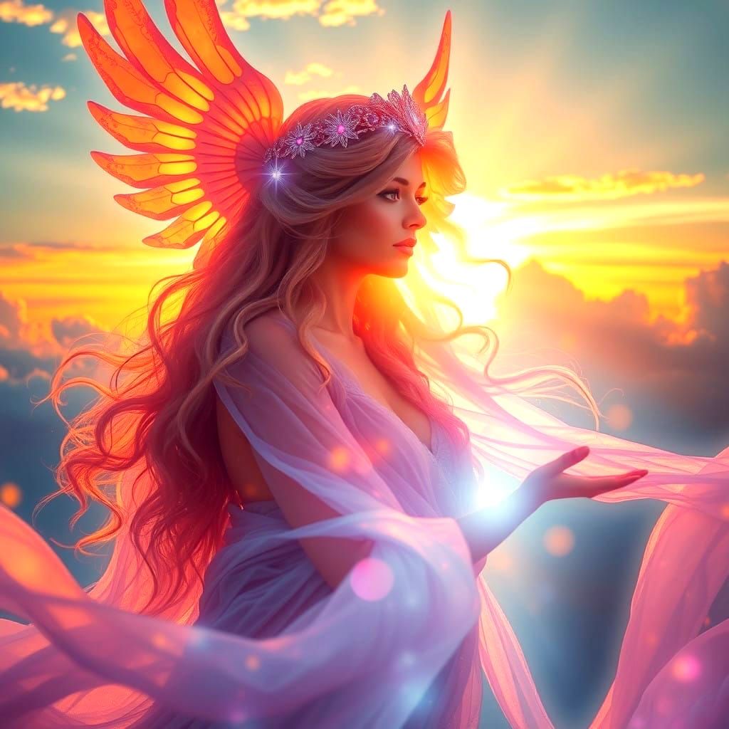 Surreal Goddess Radiates Ethereal Beauty in Soft Focus Sunse...