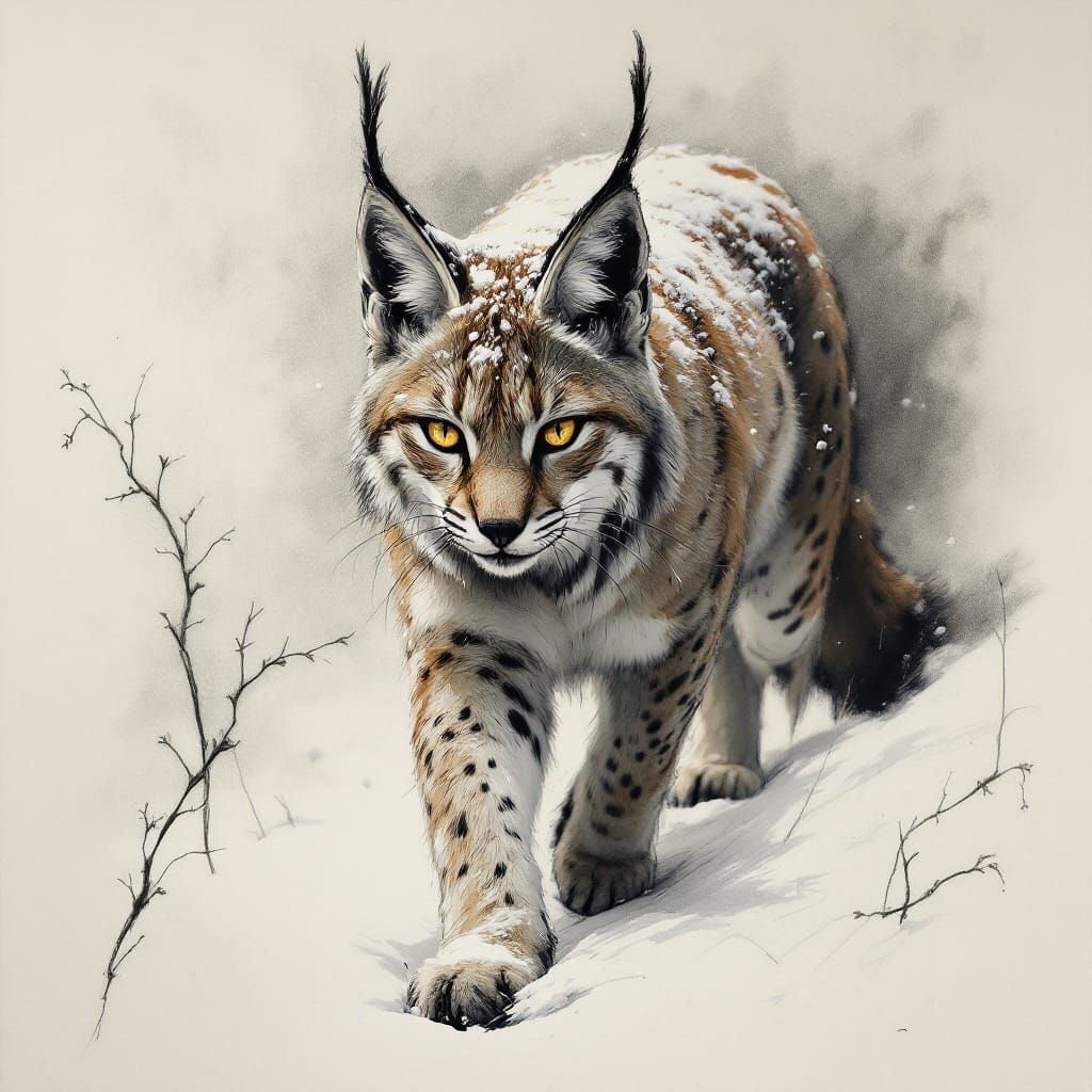 Classical Lynx Portrait in Charcoal Sketch Style