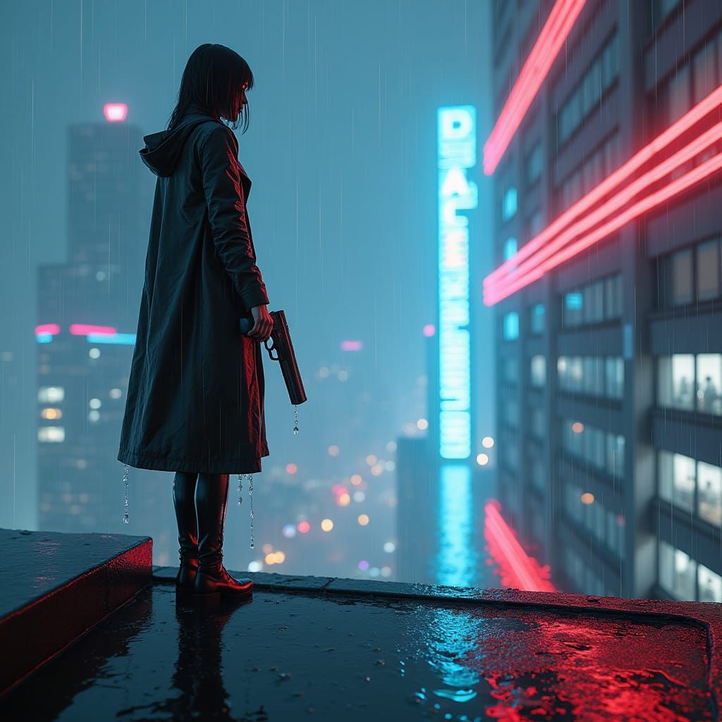 Rain-Soaked Replicant with Laser Pistol in Cyberpunk City