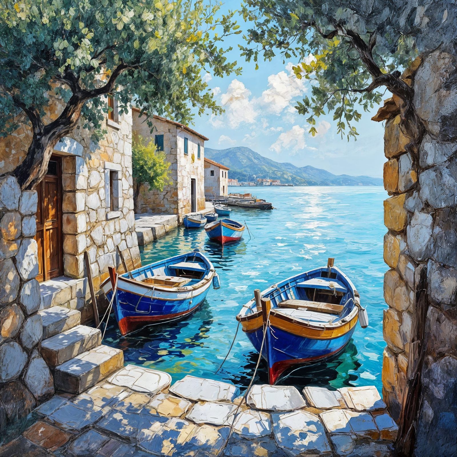 Impasto Oil Painting of Sun-Drenched Tuscan Harbor