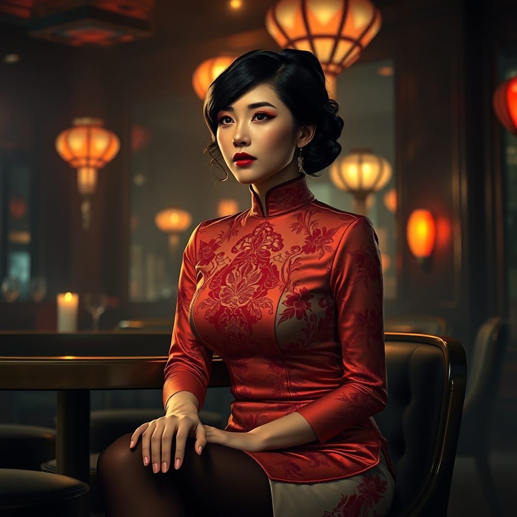Chinese Femme Fatale in 1920s Club, Syd Mead Style