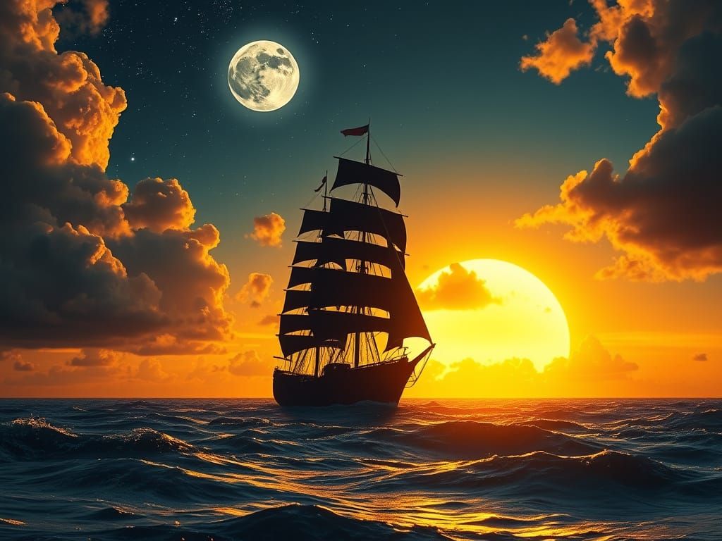 Epic Surreal Seascape with Ship Silhouette