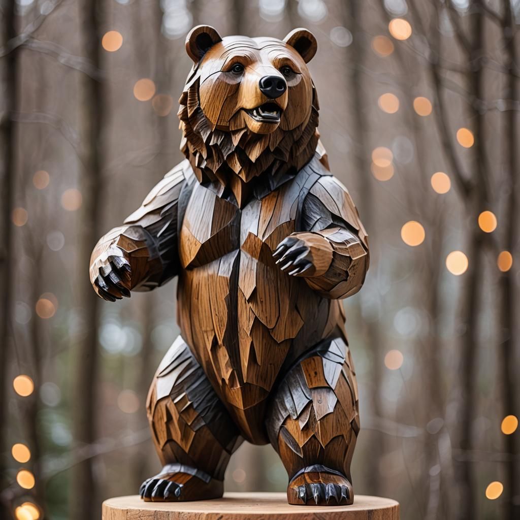 Detailed Wooden Grizzly Bear Statue Photo