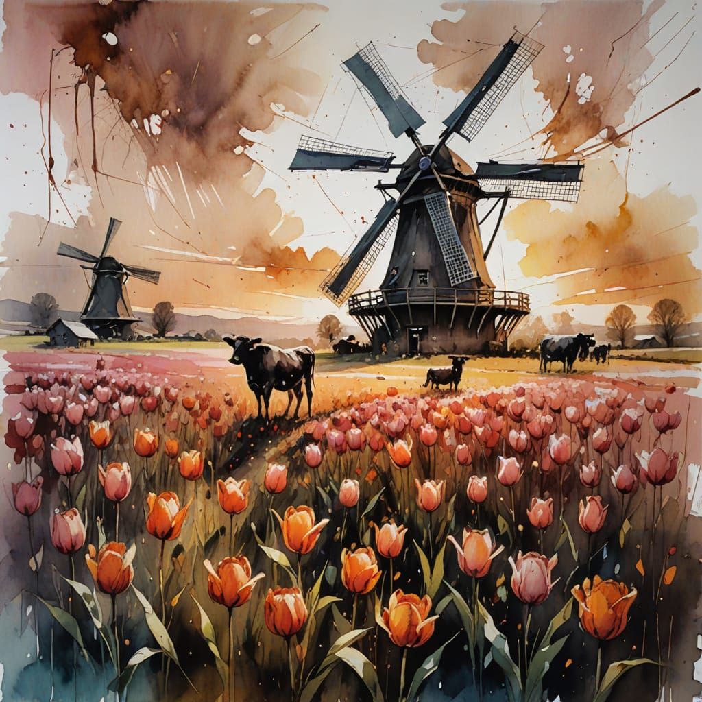 Dutch Windmill in Vibrant Tulip Field at Sunset