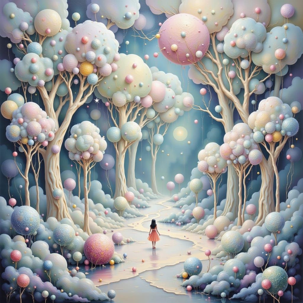 Surreal Cotton Candy Landscape with Purple Trees