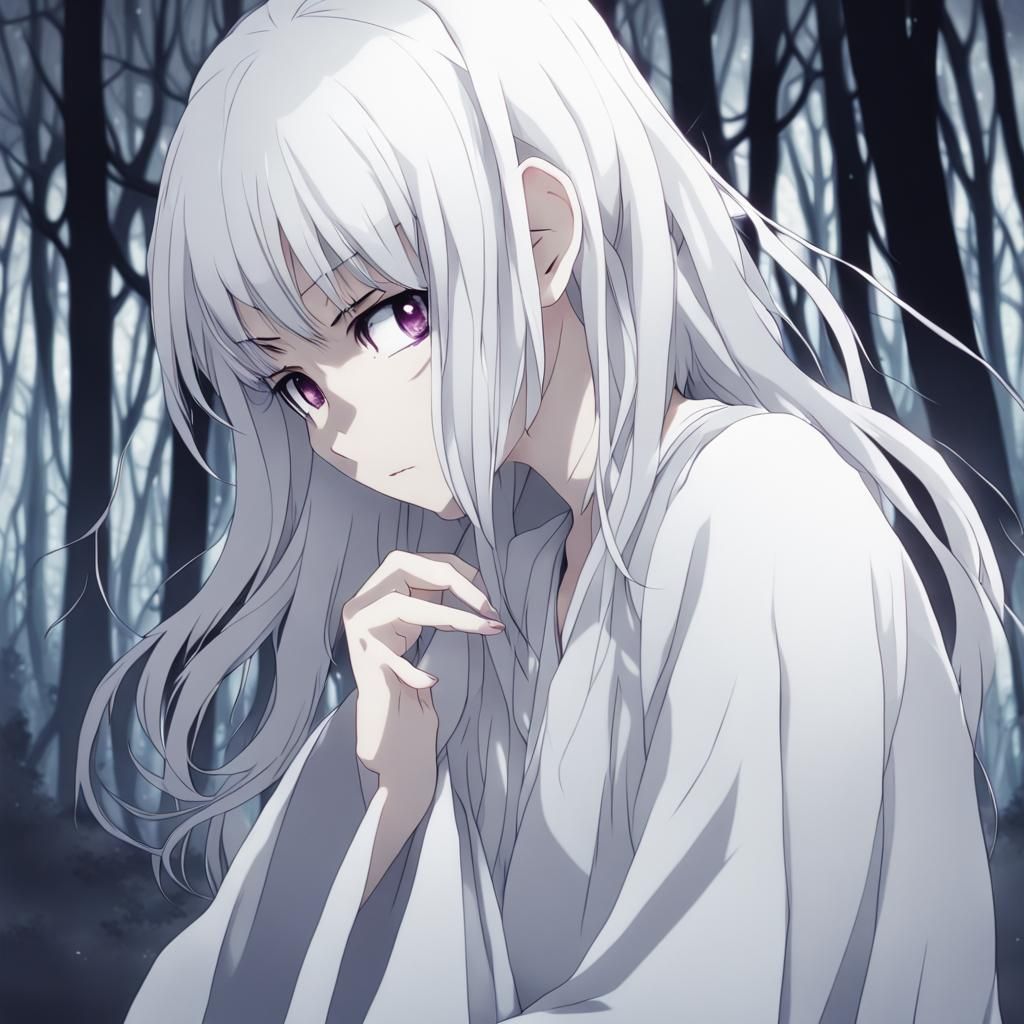 Ghostly Girl with White Eyes in Anime Style