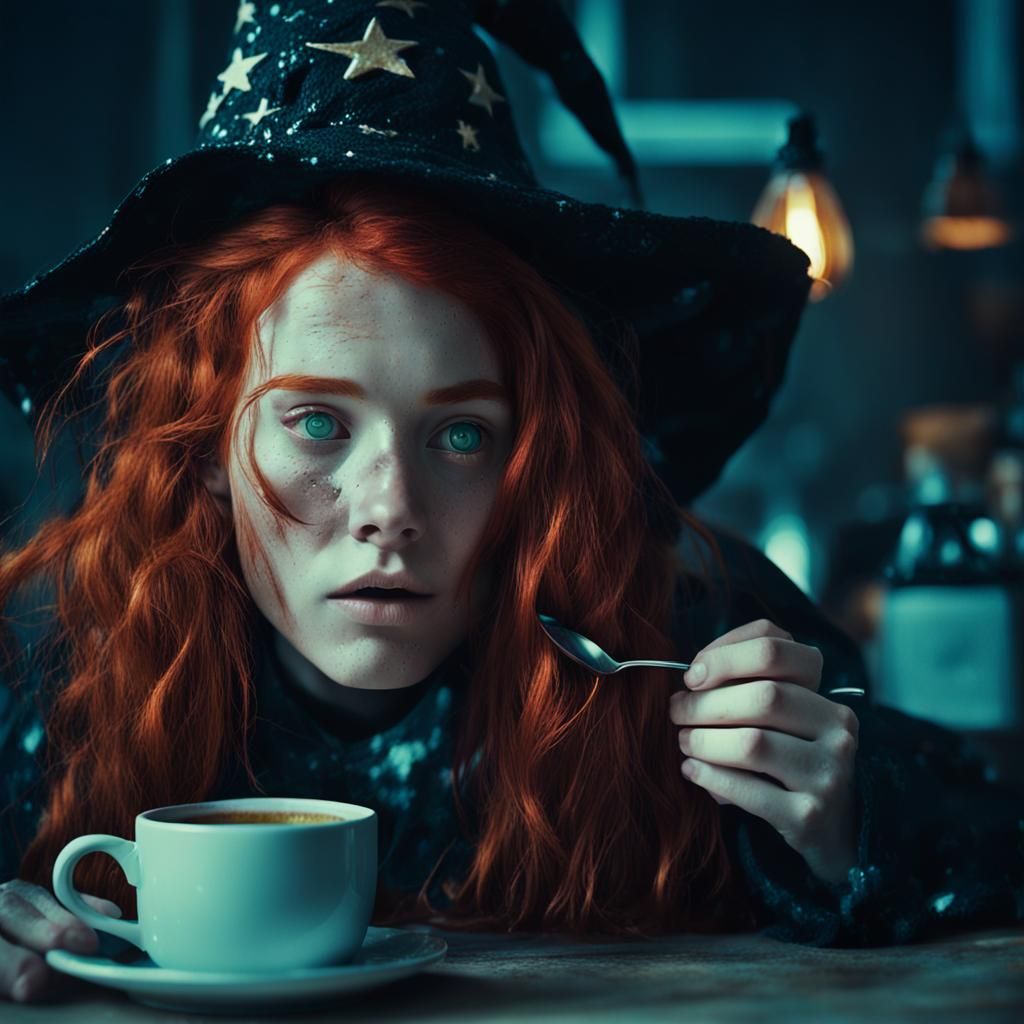 Sleepy Redhead Wizard Drinks Coffee: Cinematic Film Still