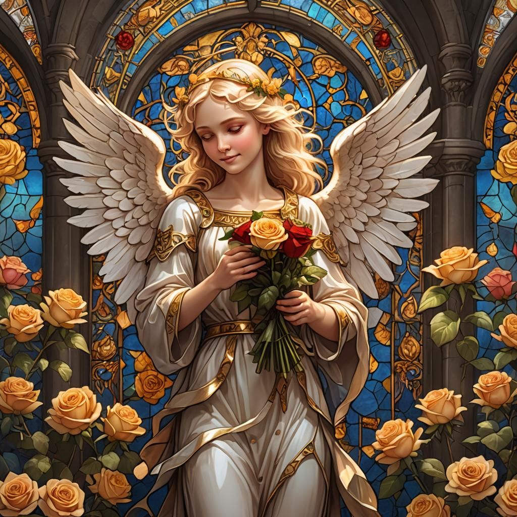 Stained Glass Angel with Roses Bouquet