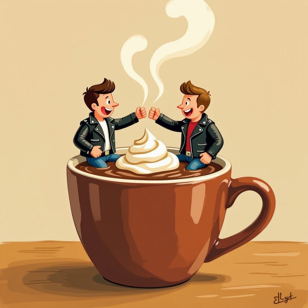 Two Tiny Bikers Wrestling in Hot Chocolate