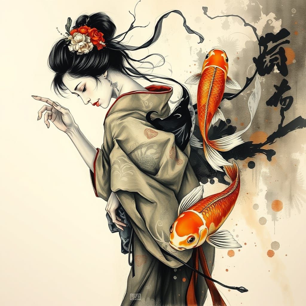 Arthur Rackham Dynamic Full Body Portrait Geisha and Koi, Fl...