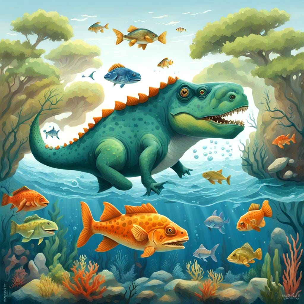 Dinosaur Fails to Catch Fish: Vibrant Digital Painting