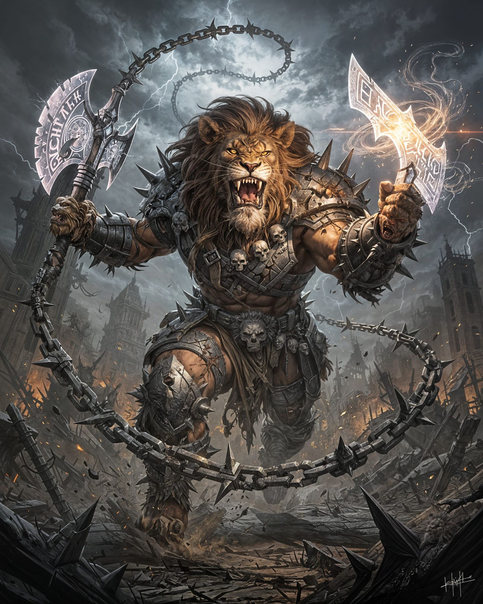 Sinister Lion Warrior With Energy Axe in Dark Fantasy