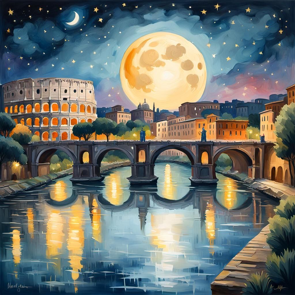 Moonlit Rome: Colosseum in Gouache Style