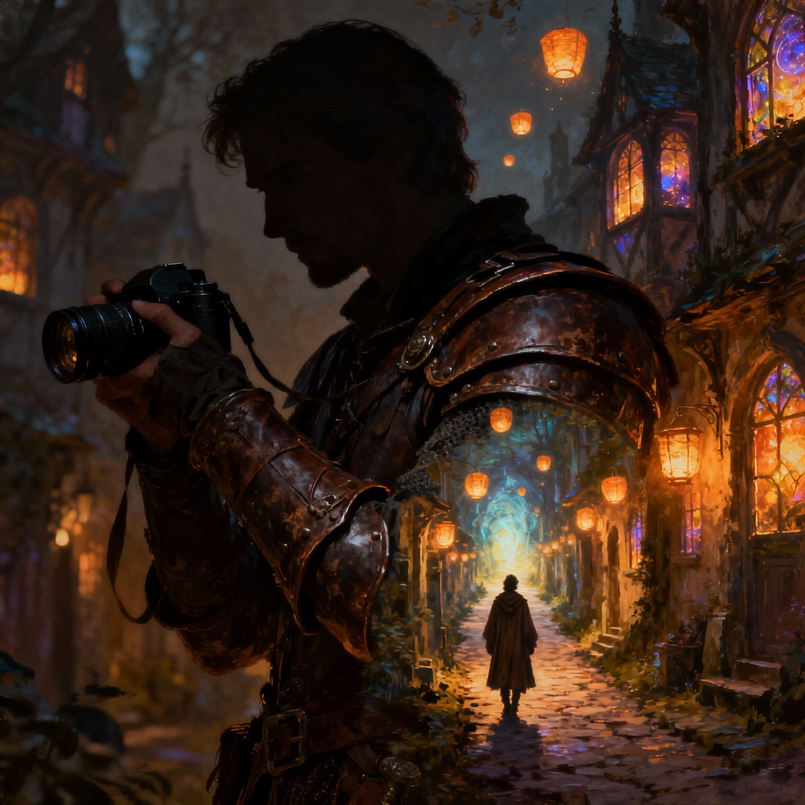 Mysterious Traveler in Enchanted Alley Painting