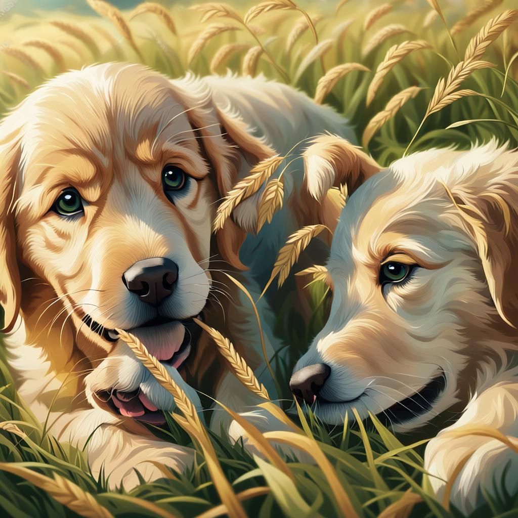 Golden Retriever Puppy's Joyful Playtime: Warm Oil Painting