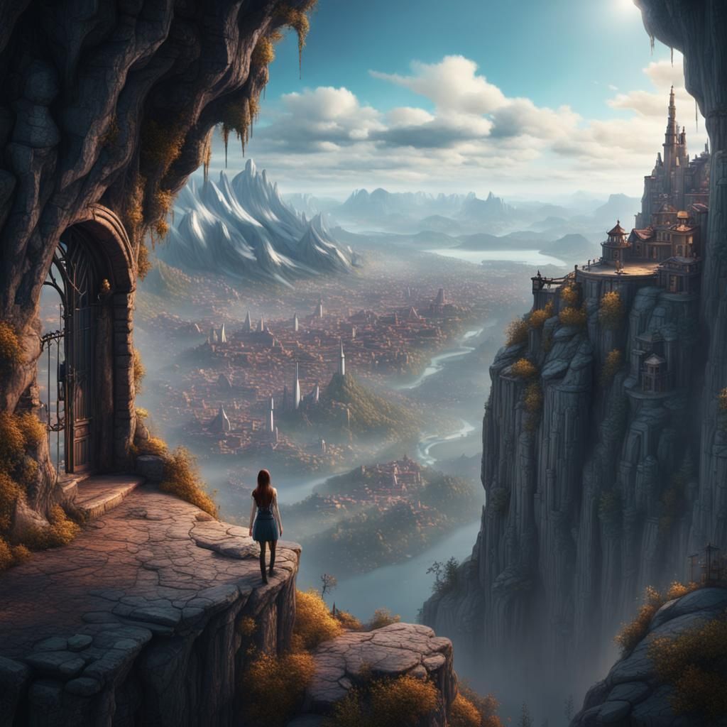 Fantasy City View from Mountain Cliff