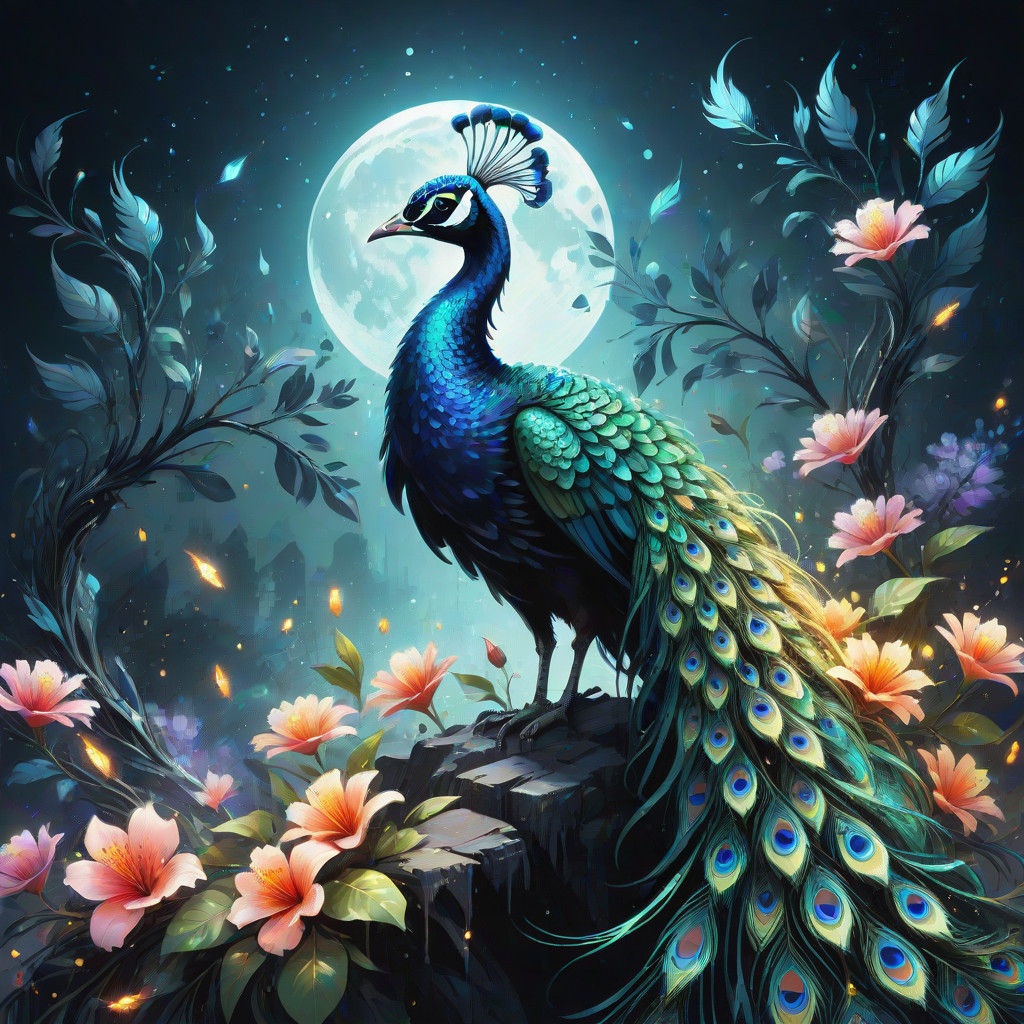Peaceful Peacock in an Enchanted Garden