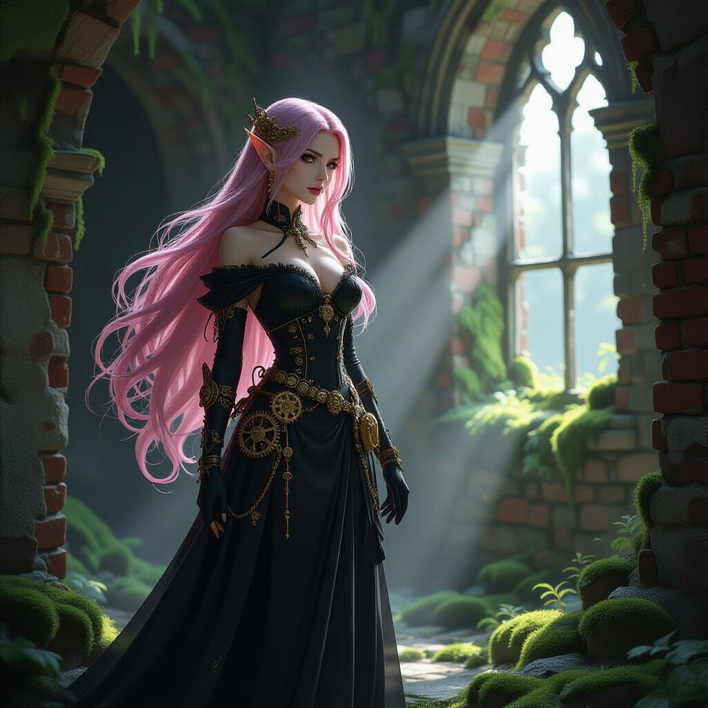 Elegant Dark Elf in Steampunk Castle with Pink Hair