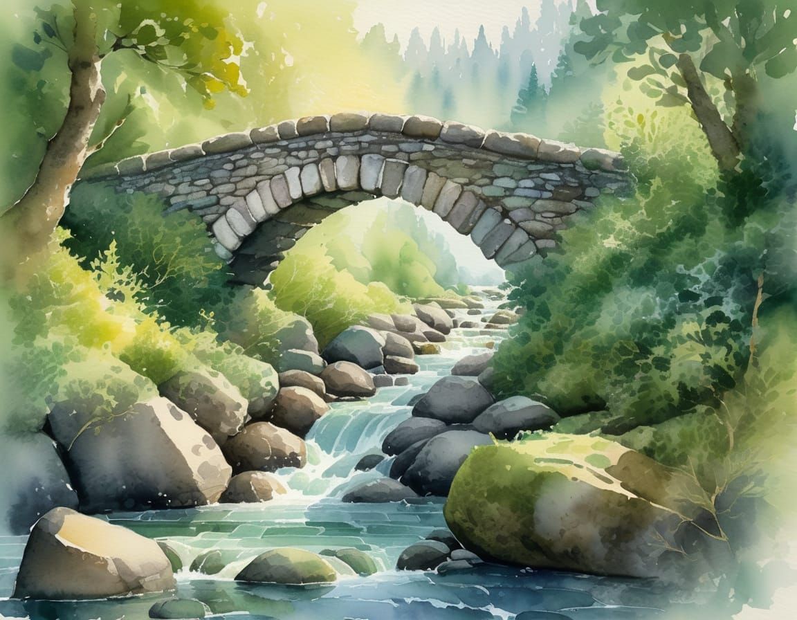 Ancient Stone Bridge Over Rushing River in Watercolor Style
