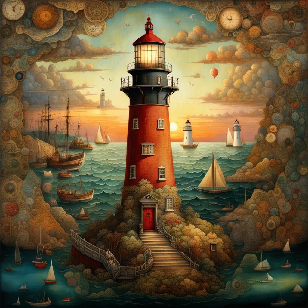 Sunset Lighthouse Collage with Nautical Maps